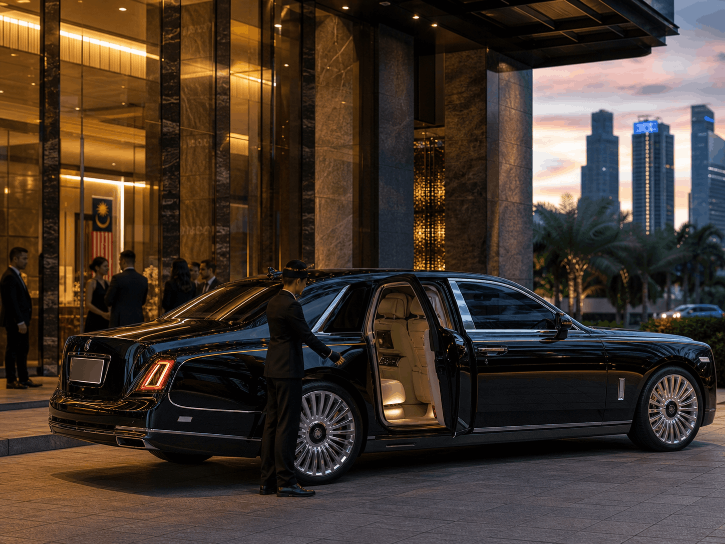 Liveried chauffeur opening a luxury car door in front of a premium Malaysian showroom