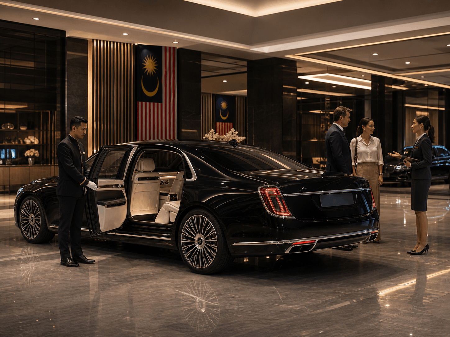 VIP guests and chauffeur beside a luxury vehicle at a Malaysian showroom with flags in the background